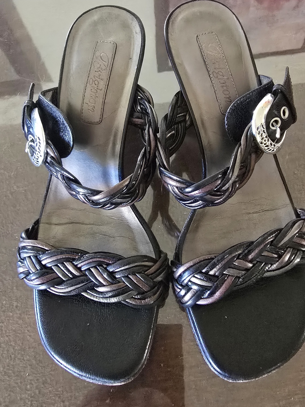 Brighton Fiji Black Metallic Braided Slide Sandals Heels Size 7M Made in Brazil